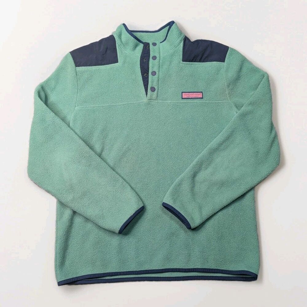 Vineyard Vines Fleece Snap Button Pullover Mens L Blue Green Martha's Vineyard